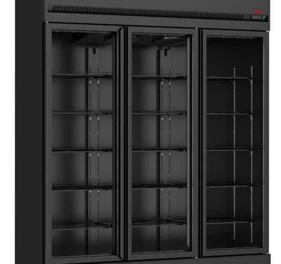 VITRINE REFRIGEREE, 1/10°C A 32°C 65%RH, GROUPE LOGE SUR LE DESSUS, 3 PORTES VITREES, CARROSSERIE