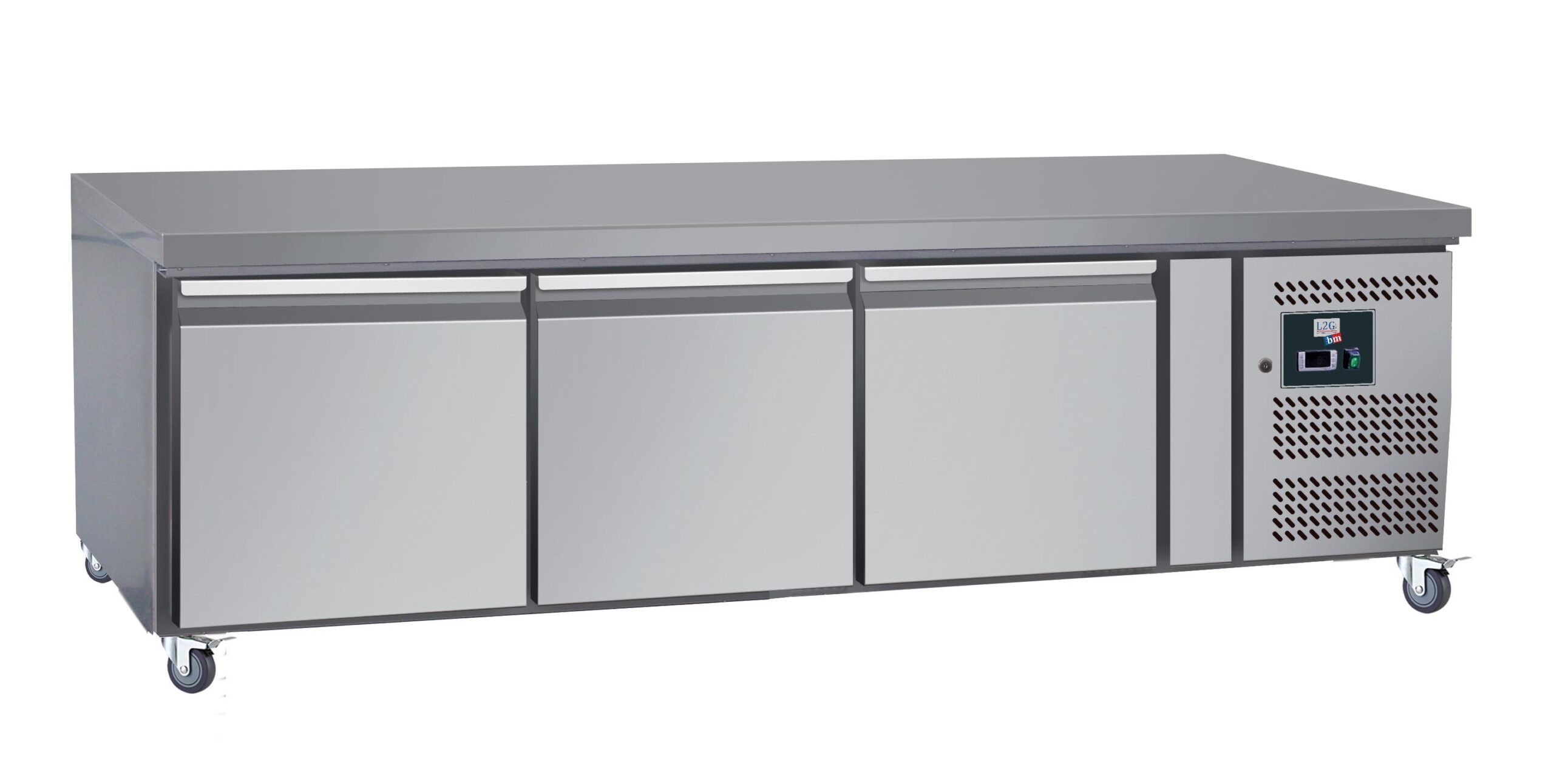 SOUBASSEMENT REFRIGERE, -2/+8°C , 3 PORTES GN1/1, SUR ROULETTES Ø 100 MM