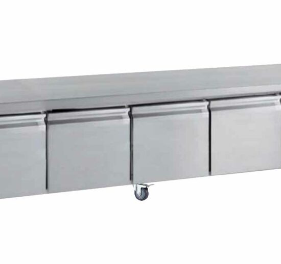 SOUBASSEMENT REFRIGERE, -2/+8°C, 4 PORTES GN1/1, SUR ROULETTES Ø 100 MM