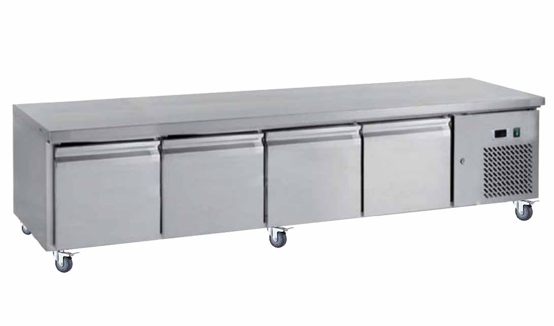 SOUBASSEMENT REFRIGERE, -2/+8°C, 4 PORTES GN1/1, SUR ROULETTES Ø 100 MM