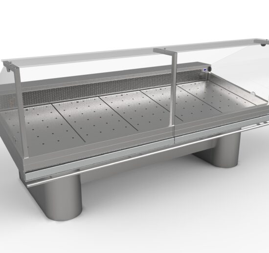 ETAL NEUTRE DROIT, INOX 304, VITRES BASSES DROITES BASCULANTES, PIEDS OBLONGS
