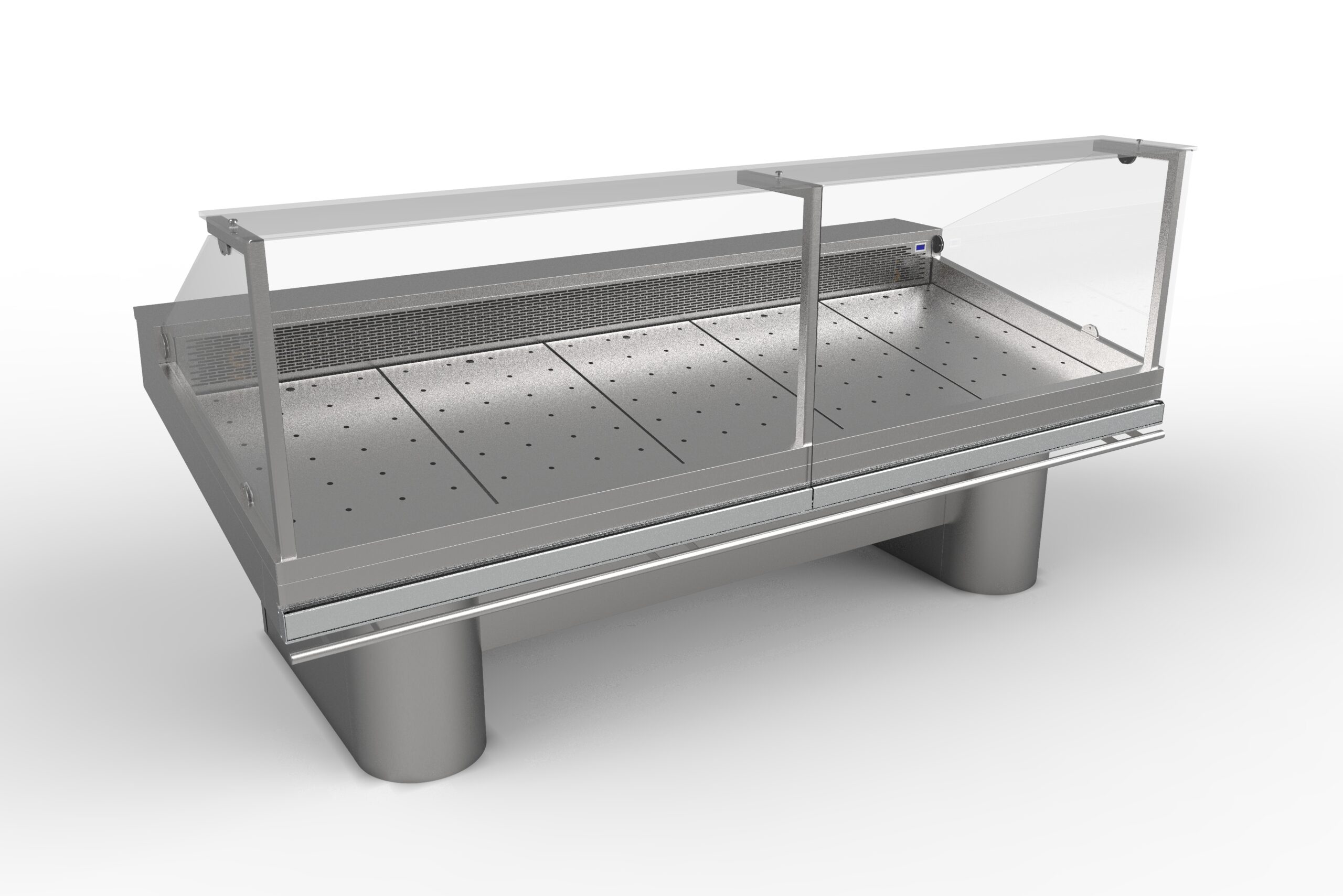 ETAL NEUTRE DROIT, INOX 304, VITRES BASSES DROITES BASCULANTES, PIEDS OBLONGS