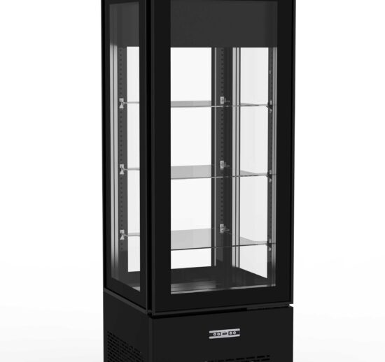 VITRINE PATISSIERE 4 FACES TRIPLE VITRAGE, 0/+12°C 3 ETAGERES EN VERRE REGLABLES, ECLAIRAGE LED