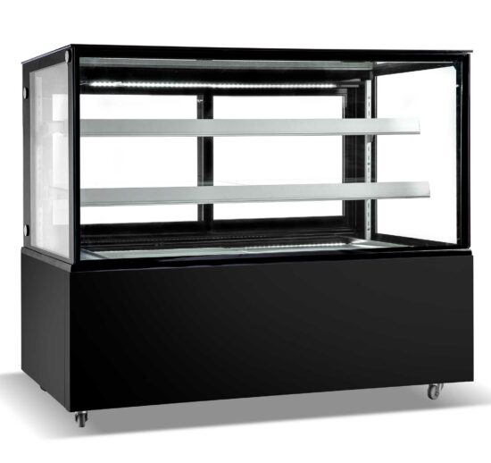 VITRINE PANORAMIQUE REFRIGEREE +2/+12°C, GROUPE LOGE, 2 ETAGERES EN VERRE REGLABLES EN HAUTEUR
