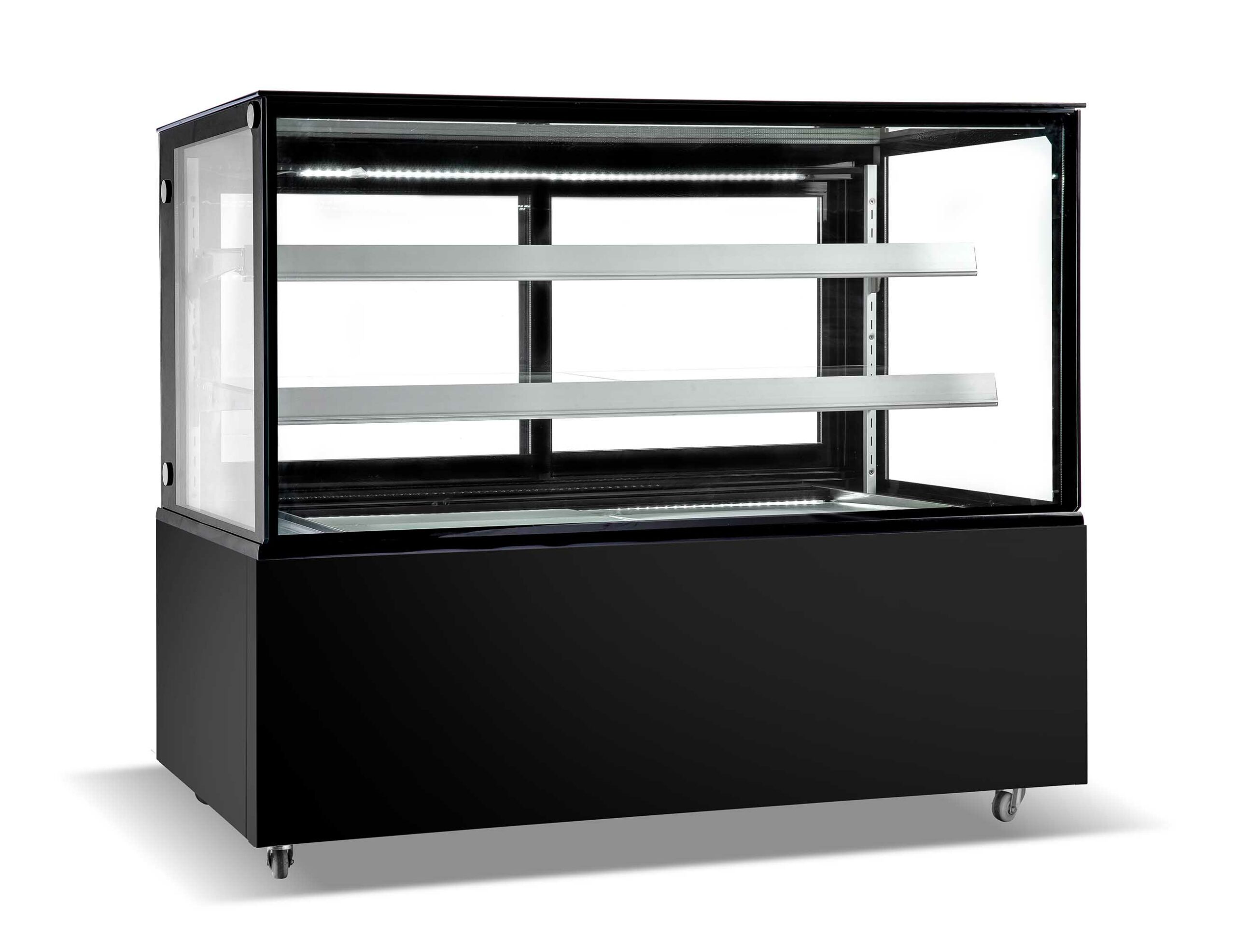 VITRINE PANORAMIQUE REFRIGEREE +2/+12°C, GROUPE LOGE, 2 ETAGERES EN VERRE REGLABLES EN HAUTEUR