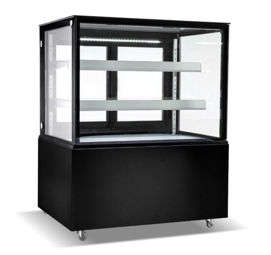 VITRINE PANORAMIQUE REFRIGEREE +2/+12°C, GROUPE LOGE, 2 ETAGERES EN VERRE REGLABLES EN HAUTEUR