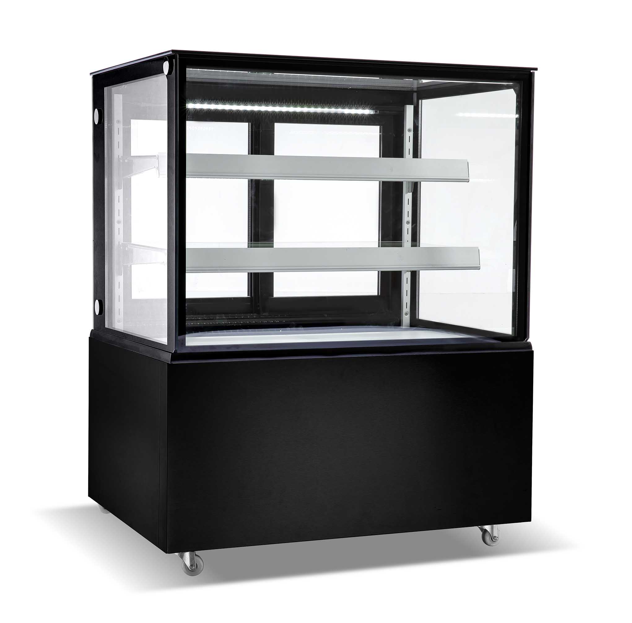 VITRINE PANORAMIQUE REFRIGEREE +2/+12°C, GROUPE LOGE, 2 ETAGERES EN VERRE REGLABLES EN HAUTEUR