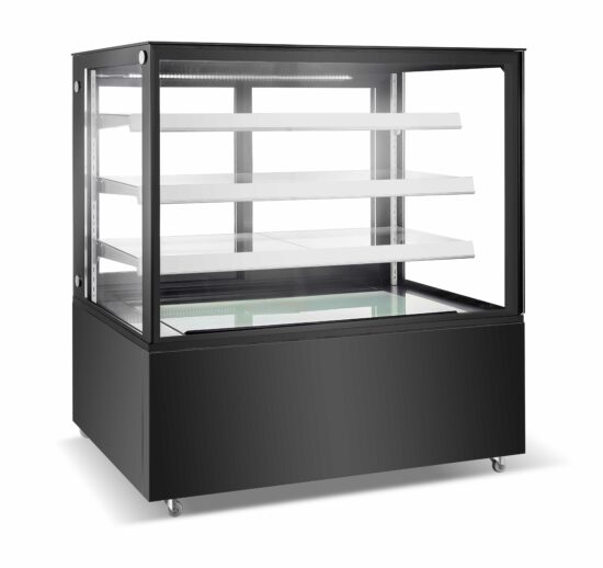 VITRINE PANORAMIQUE REFRIGEREE +2/+12°C, GROUPE LOGE, 3 ETAGERES EN VERRE REGLABLES EN HAUTEUR