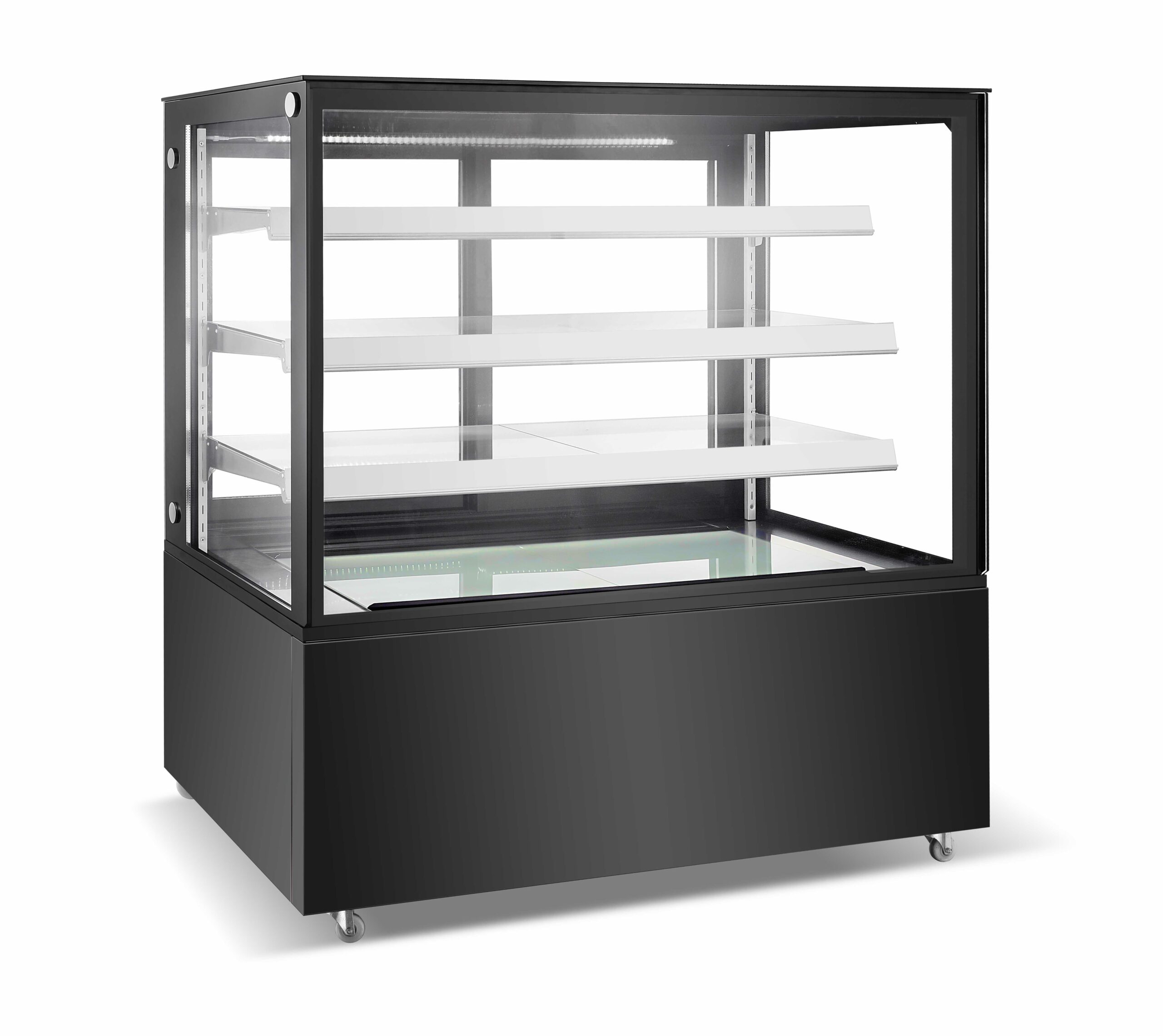 VITRINE PANORAMIQUE REFRIGEREE +2/+12°C, GROUPE LOGE, 3 ETAGERES EN VERRE REGLABLES EN HAUTEUR