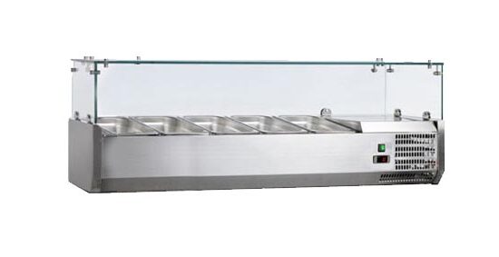 VITRINE A INGREDIENTS INOX, +2/+8°C, GAZ R600A PARE-HALEINE VERRE, 4GN1/3+1GN1/2-150 NON COMPRIS