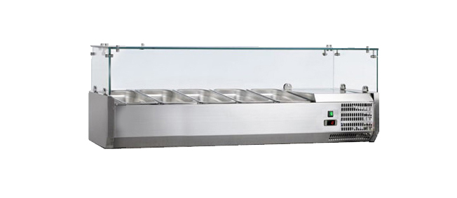 VITRINE A INGREDIENTS INOX, +2/+8°C, GAZ R600A PARE-HALEINE VERRE, 4GN1/3+1GN1/2-150 NON COMPRIS