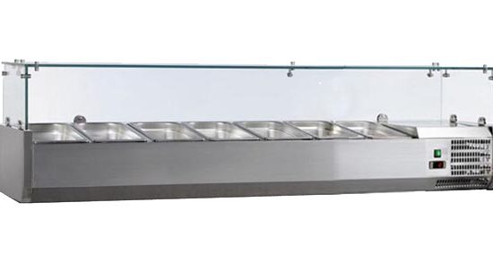 VITRINE A INGREDIENTS INOX, +2/+8°C, GAZ R600A PARE-HALEINE VERRE, 7GN1/3-150 NON COMPRIS