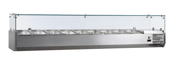 VITRINE A INGREDIENTS INOX, +2/+8°C, GAZ R600A PARE-HALEINE VERRE, 9GN1/3-150 NON COMPRIS