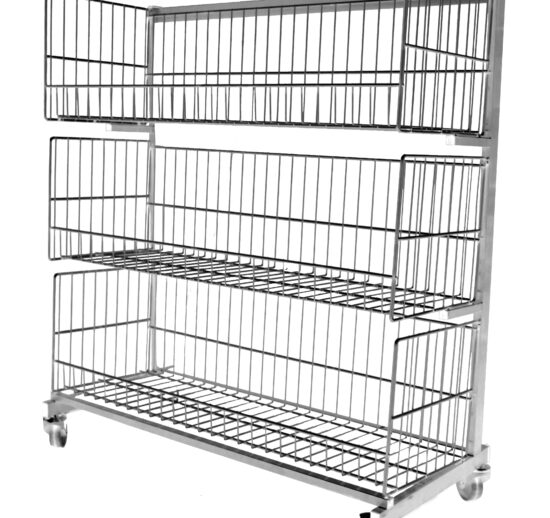 CHARIOT DE DEFOURNEMENT 3 NIVEAUX, INOX, SUR 4 ROULETTES CHAPE POLYAMIDE DONT 2 A FREINS D.100 MM