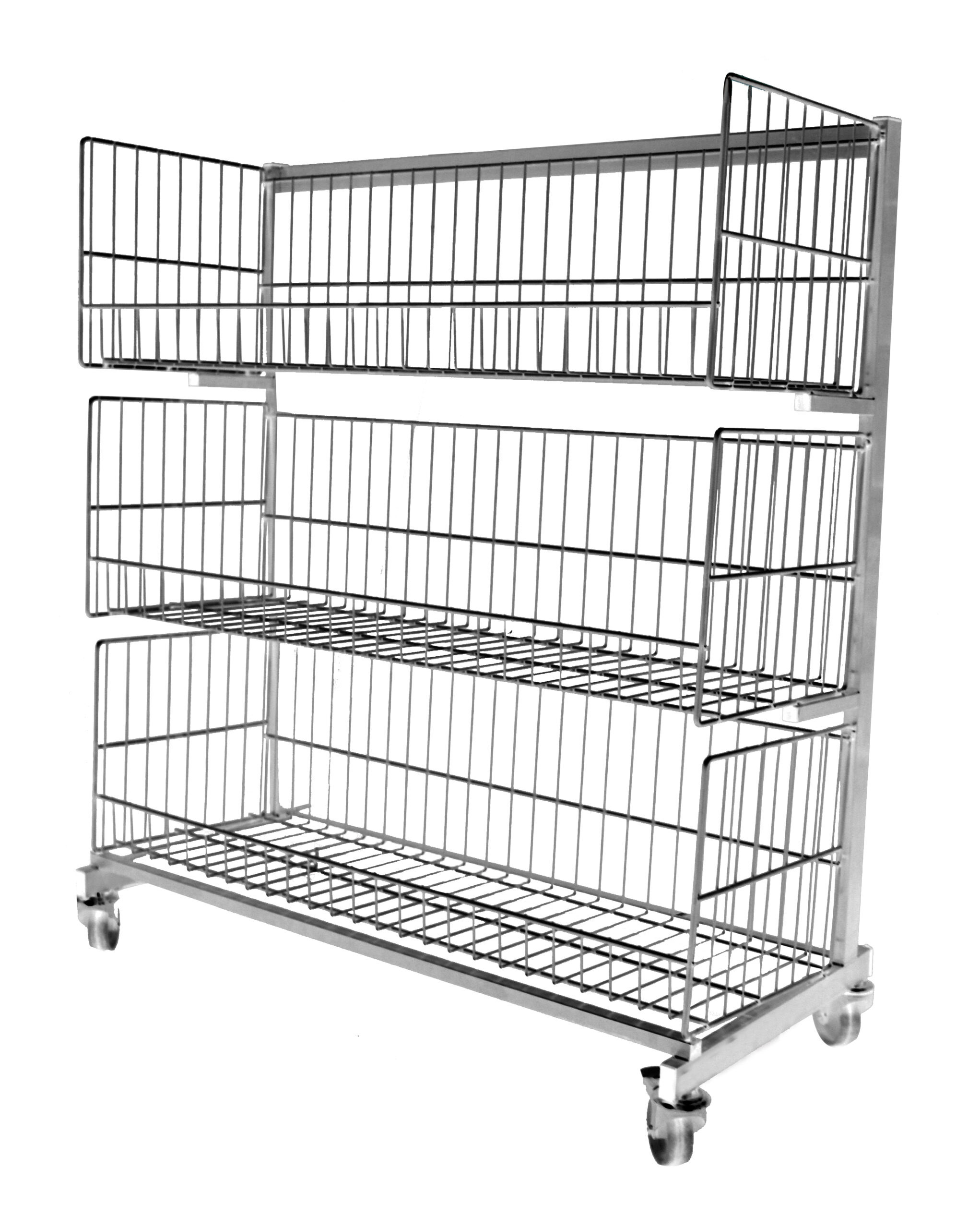 CHARIOT DE DEFOURNEMENT 3 NIVEAUX, INOX, SUR 4 ROULETTES CHAPE POLYAMIDE DONT 2 A FREINS D.100 MM