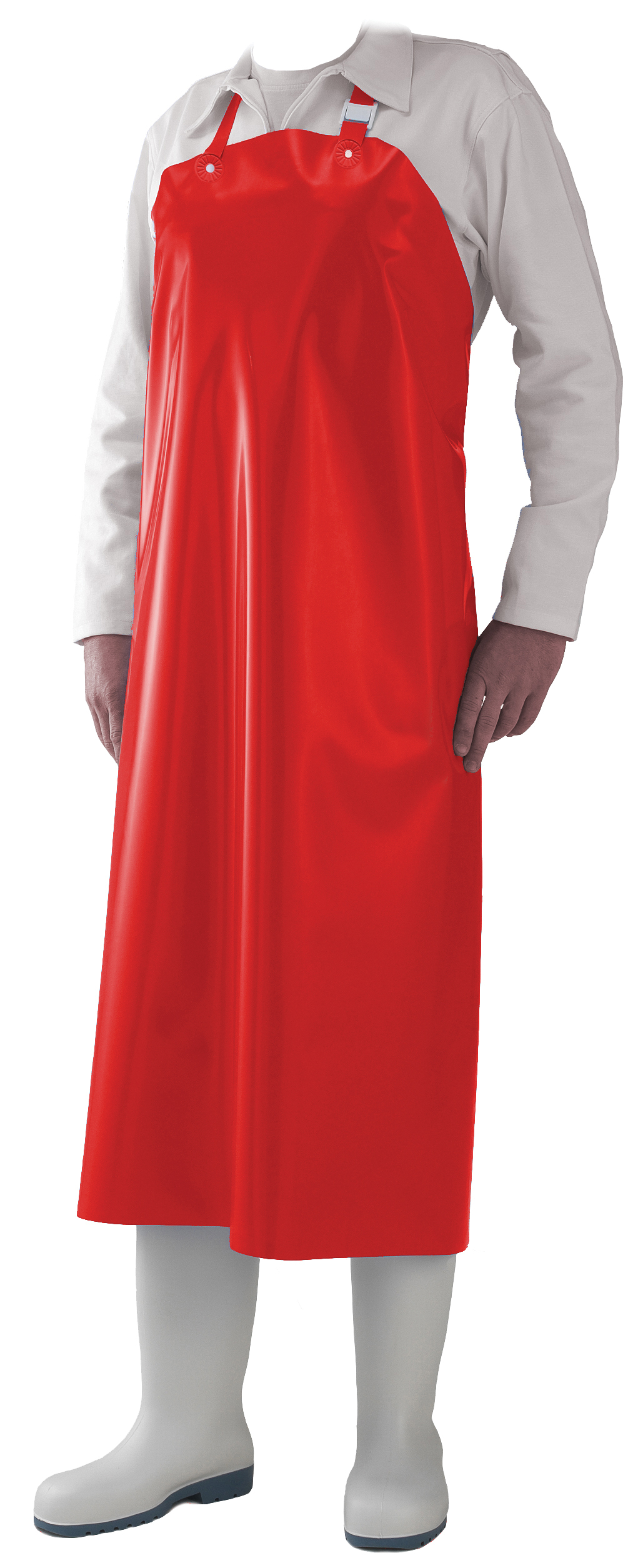 TABLIER ROUGE DE LABORATOIRE POLYURETHANE AVEC OEILLETS THERMO-SOUDES, SOUPLE