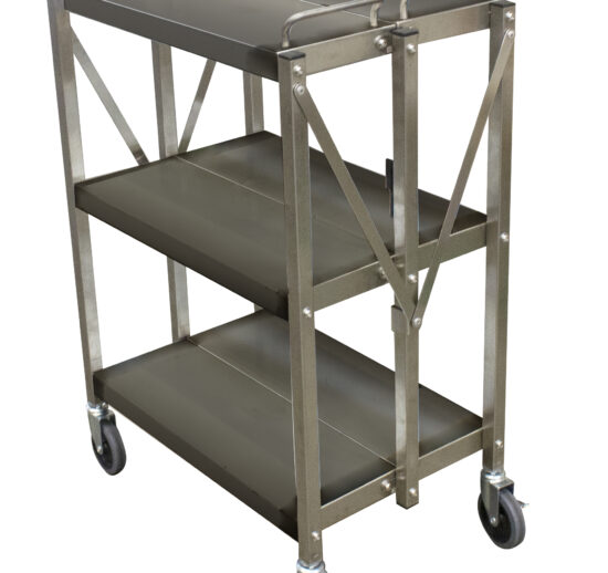 DESSERTE INOX PLIABLE 3 NIVEAUX 4 ROUES Ø100 MM PIVOTANTES DONT 2 A FREIN