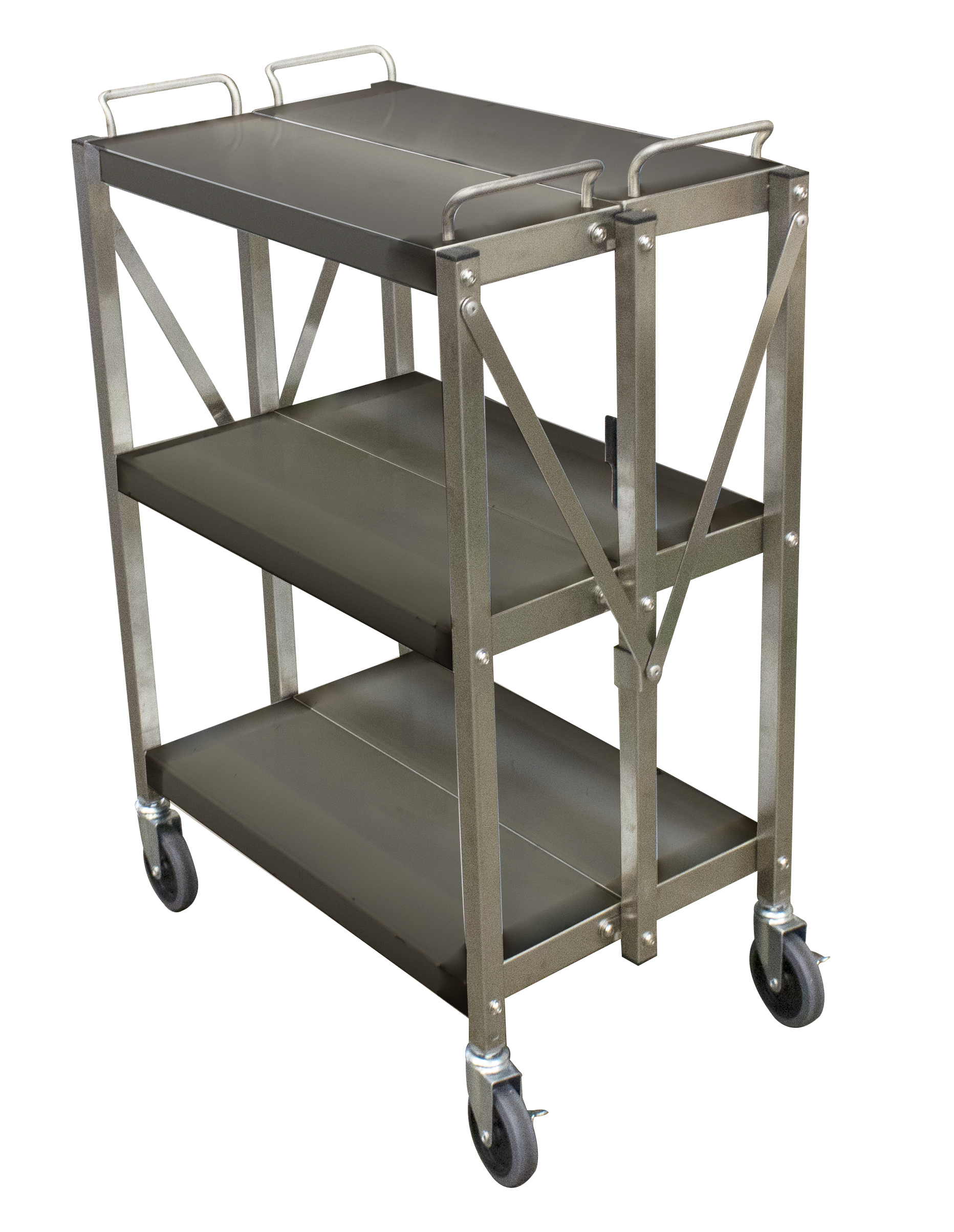 DESSERTE INOX PLIABLE 3 NIVEAUX 4 ROUES Ø100 MM PIVOTANTES DONT 2 A FREIN