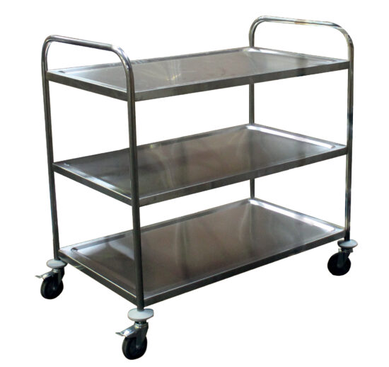 DESSERTE DEMONTABLE INOX 201, 3 NIVEAUX, 4 ROUES PIVOTANTES DONT 2 A FREINS