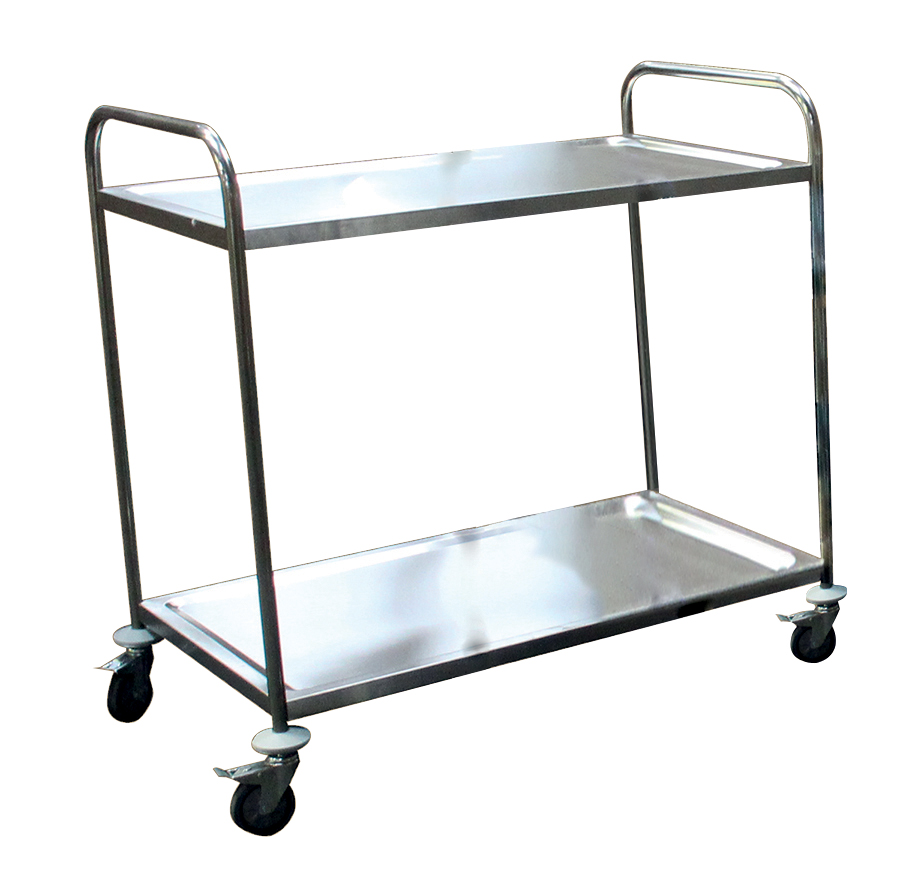 DESSERTE DEMONTABLE INOX 201, 2 NIVEAUX, 4 ROUES PIVOTANTES DONT 2 A FREINS