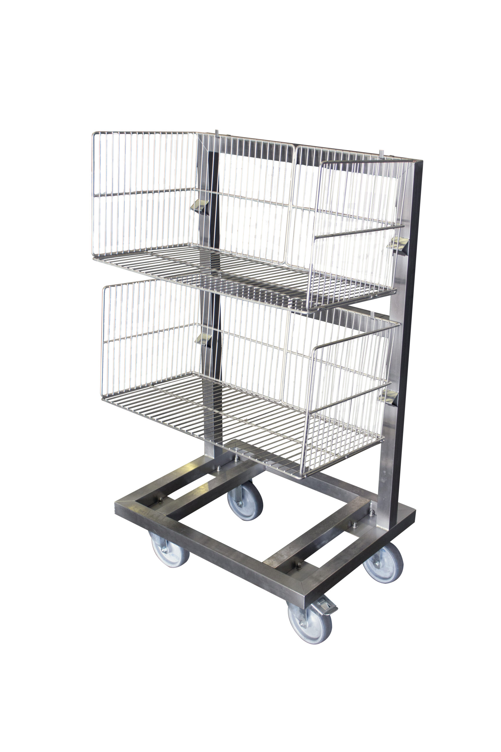 CHARIOT INOX SUPPORT 2 PANIERS A BARQUETTES DE DIM. 650X350X300 MM