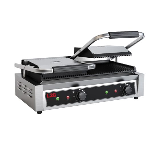 GRILL PANINI DOUBLE RAINURE DESSUS/DESSOUS EN FONTE, REVETEMENT CERAMIQUE, S. CONTACT 475X230 MM