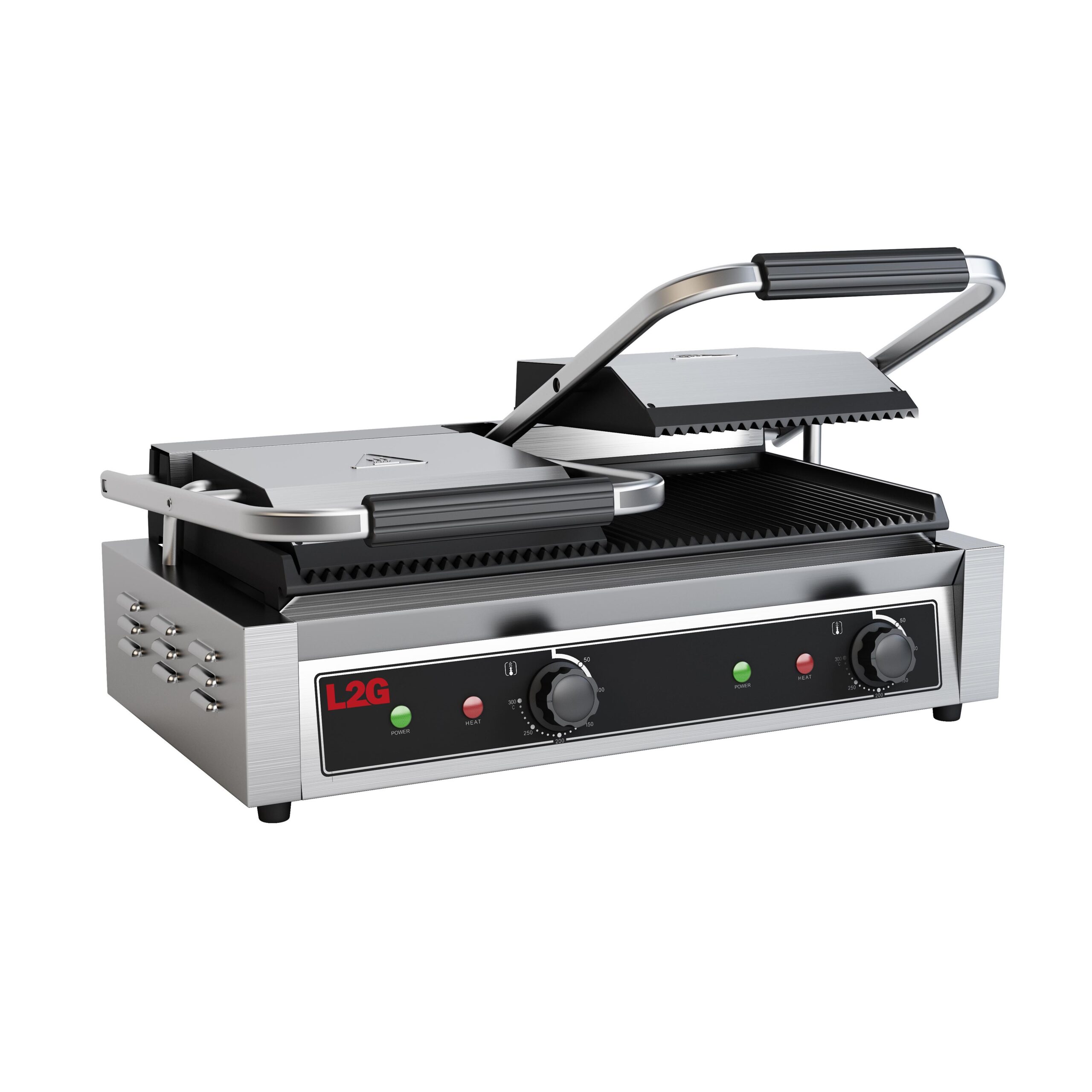 GRILL PANINI DOUBLE RAINURE DESSUS/DESSOUS EN FONTE, REVETEMENT CERAMIQUE, S. CONTACT 475X230 MM