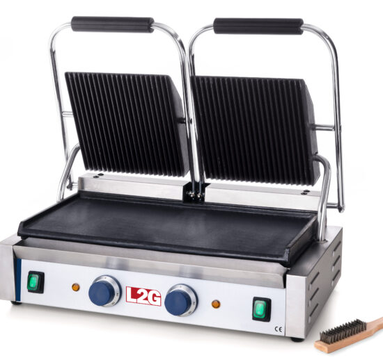 GRILL PANINI DOUBLE DESSUS RAINURE, DESSOUS LISSE FONTE REVETEMENT CERAMIQUE, S. CONTACT 475X230 MM