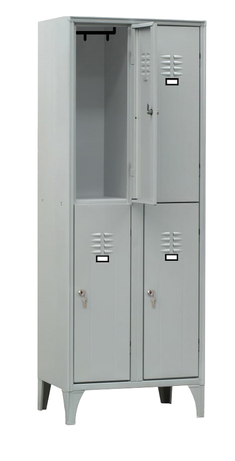 ARMOIRE VESTIAIRE MULTICASES, 2 COLONNES 4 CASES SUR PIEDS, FERMETURE A CLE, COULEUR GRIS RAL 7035