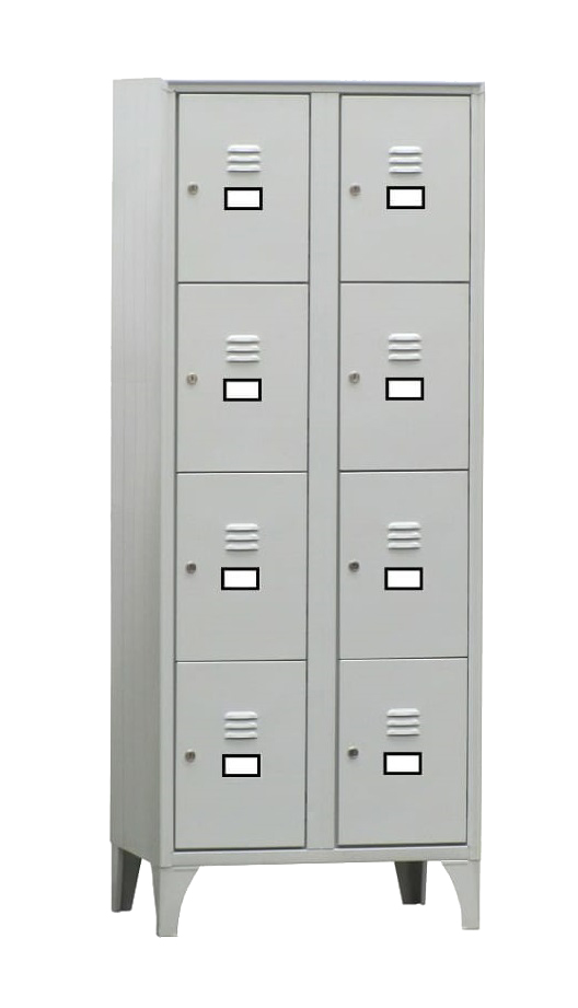 ARMOIRE VESTIAIRE MULTICASES, 2 COLONNES 8 CASES SUR PIEDS, FERMETURE A CLE, COULEUR GRIS RAL 7035