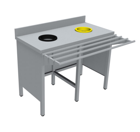 MEUBLE DE TRI INOX 304, SANS PORTE, AVEC RAMPE A PLATEAUX, AVEC DOSSERET, 2 TVO: 1 N + 1 J