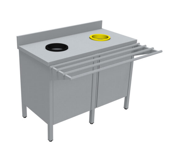 MEUBLE DE TRI INOX 304, 2 PORTES, AVEC RAMPE A PLATEAUX, AVEC DOSSERET, 2 TVO: 1 N + 1 J