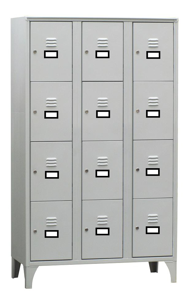 ARMOIRE VESTIAIRE MULTICASES, 3 COLONNES 12 CASES SUR PIEDS, FERMETURE A CLE, COULEUR GRIS RAL 7035