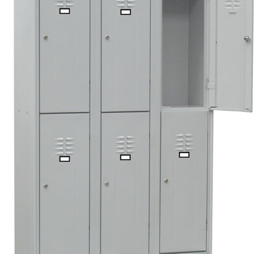 ARMOIRE VESTIAIRE MULTICASES, 3 COLONNES 6 CASES SUR PIEDS, FERMETURE A CLE, COULEUR GRIS RAL 7035
