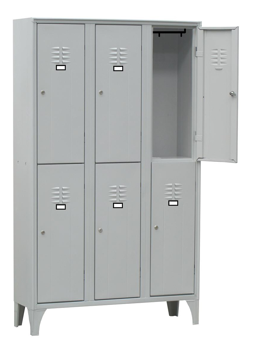 ARMOIRE VESTIAIRE MULTICASES, 3 COLONNES 6 CASES SUR PIEDS, FERMETURE A CLE, COULEUR GRIS RAL 7035