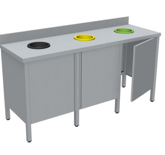MEUBLE DE TRI INOX 304, 3 PORTES, SANS RAMPE A PLATEAUX, AVEC DOSSERET, 3 TVO : 1N+1J+1V