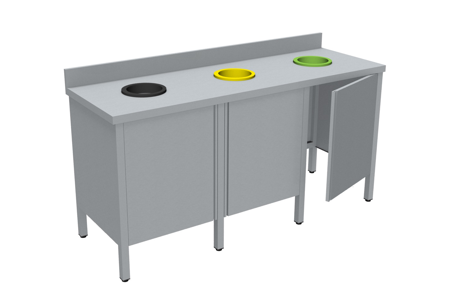 MEUBLE DE TRI INOX 304, 3 PORTES, SANS RAMPE A PLATEAUX, AVEC DOSSERET, 3 TVO : 1N+1J+1V