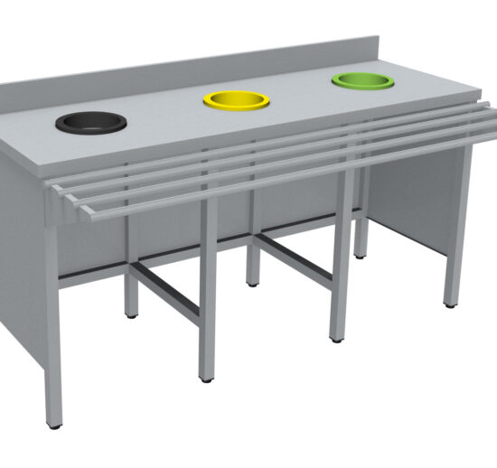 MEUBLE DE TRI INOX 304, SANS PORTE, AVEC RAMPE A PLATEAUX, AVEC DOSSERET, 3 TVO : 1N+1J+1V