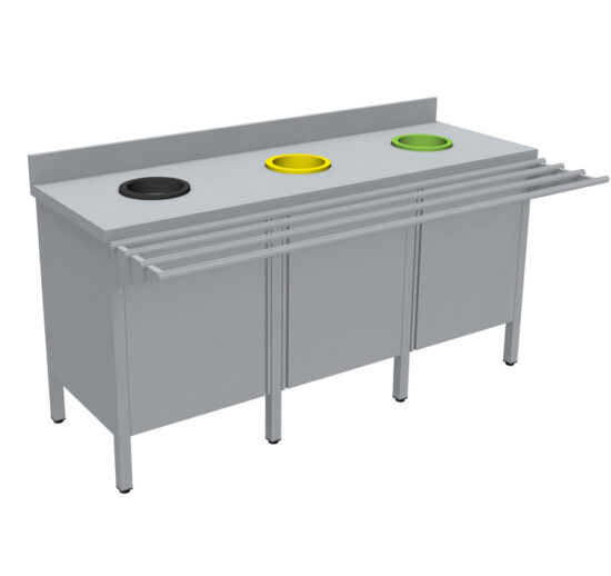 MEUBLE DE TRI INOX 304, 3 PORTES, AVEC RAMPE A PLATEAUX, AVEC DOSSERET, 3 TVO : 1N+1J+1V