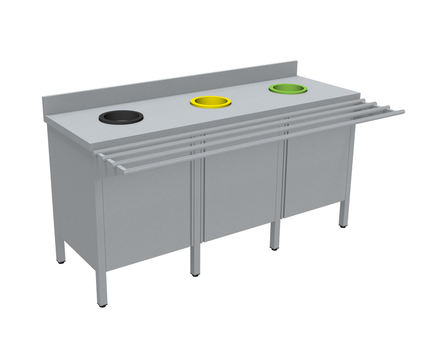 MEUBLE DE TRI INOX 304, 3 PORTES, AVEC RAMPE A PLATEAUX, AVEC DOSSERET, 3 TVO : 1N+1J+1V