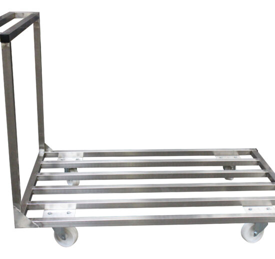 CHARIOT PLATEFORME INOX 304 PLATEAU BARREAUDE AVEC BARRE DE POUSSEE, CHARGE MAXI: 150 À 200 KG