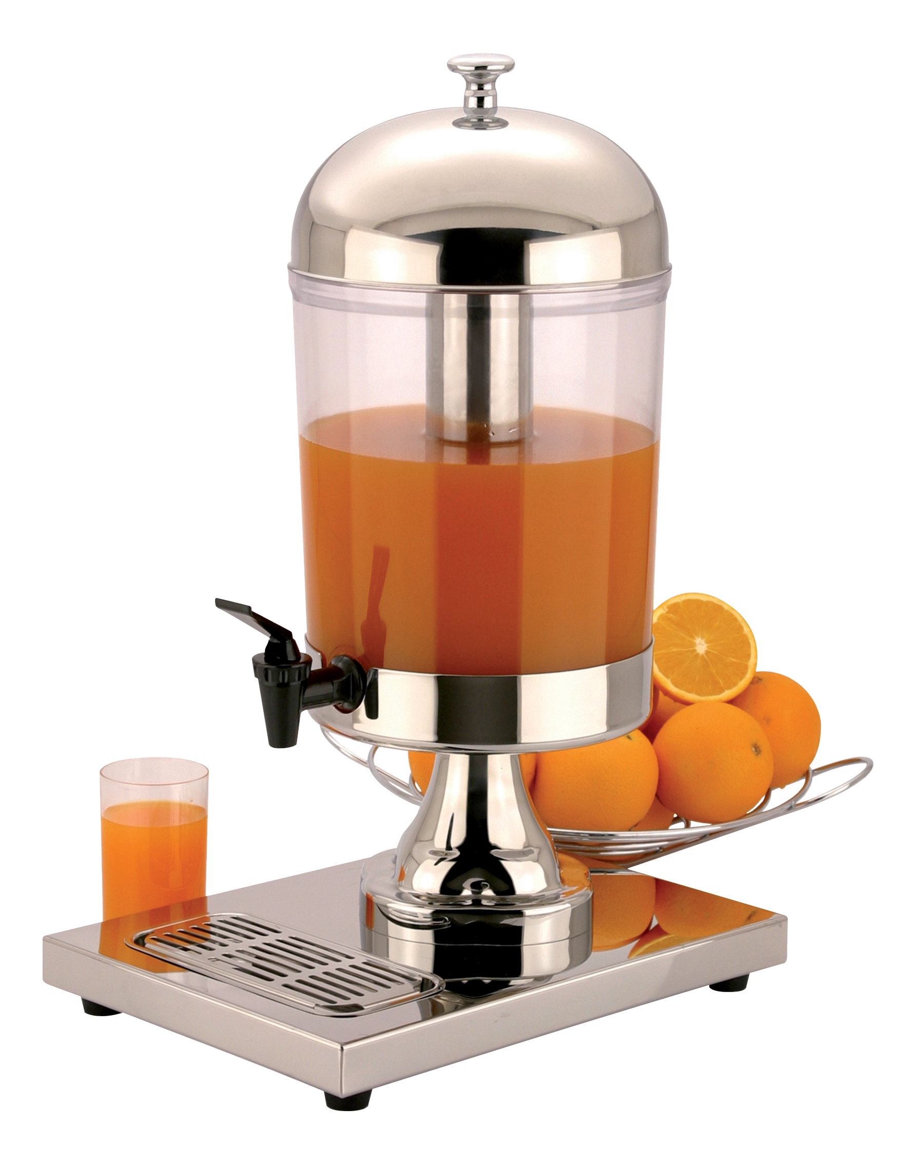 FONTAINE A JUS DE FRUITS AVEC REFROIDISSEMENT PAR GLACONS, PIETEMENT INOX AVEC BAC DE
