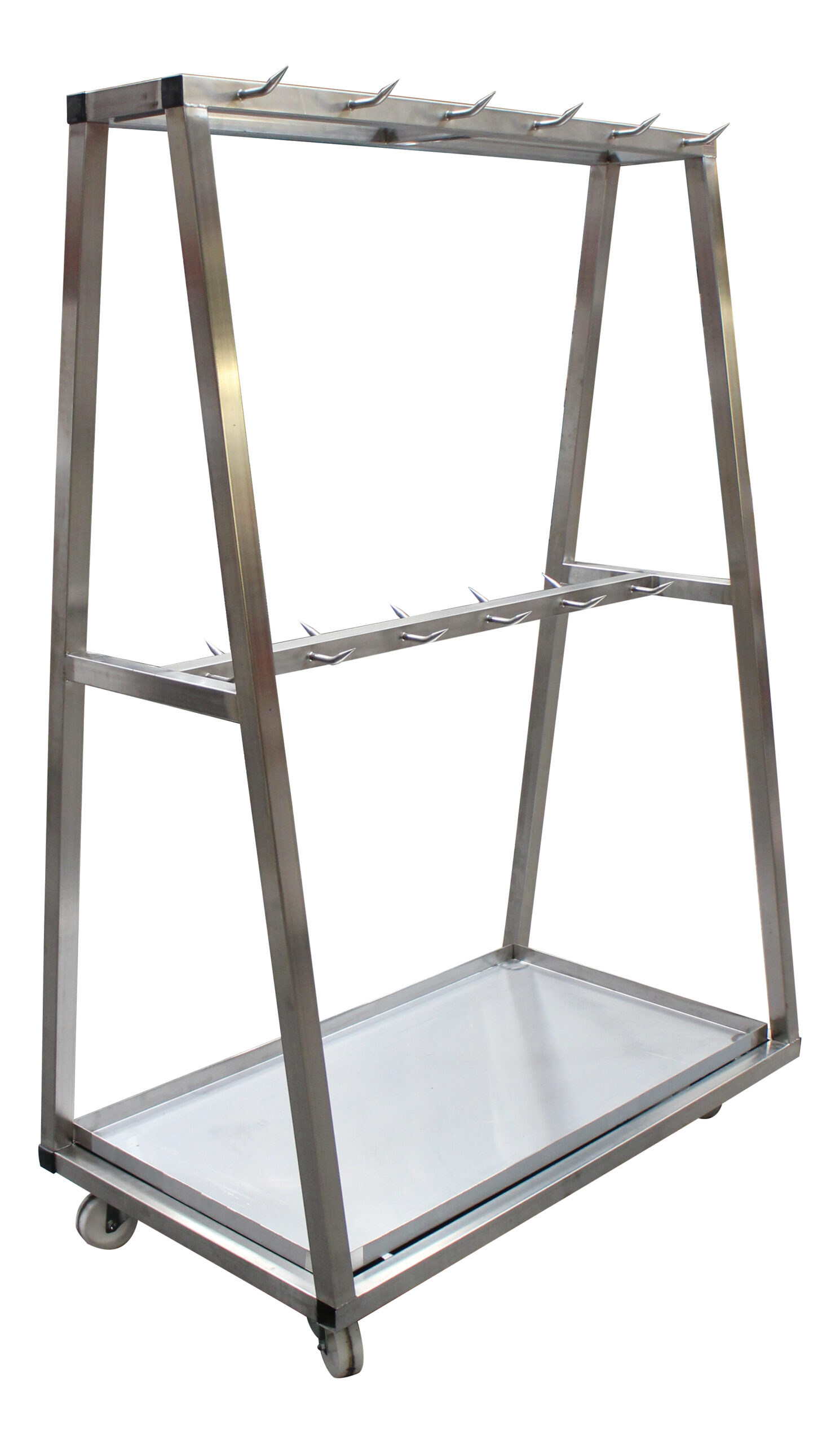 CHARIOT DETAILLAGE INOX 304, 2 NIVEAUX DE BARRE A DENTS, 22 DENTS, 4 ROULETTES PIVOTANTES D.100 MM