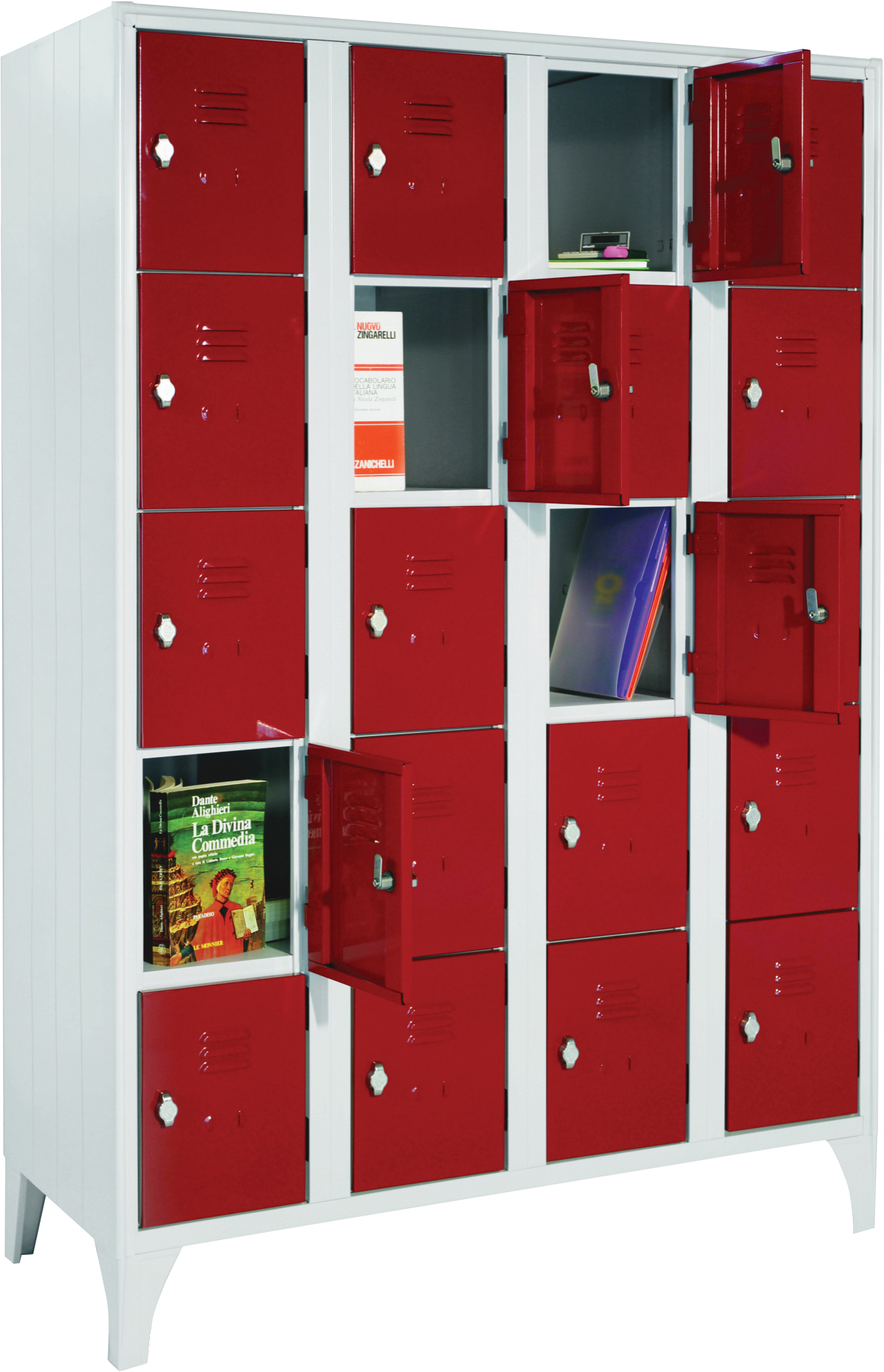 ARMOIRES A CONSIGNE SUR PIEDS, 4 COLONNES (20 CASES) SERRURE AVEC MONNAYEUR