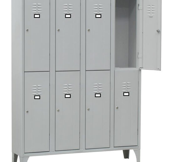 ARMOIRE VESTIAIRE MULTICASES, 4 COLONNE 8 CASES SUR PIEDS, FERMETURE A CLE, COULEUR GRIS RAL 7035
