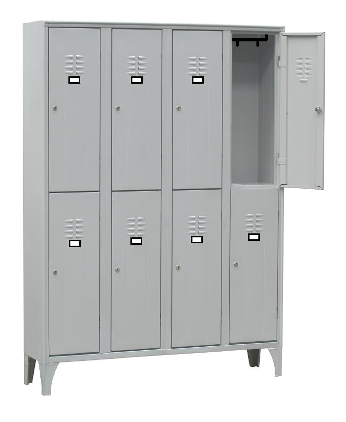 ARMOIRE VESTIAIRE MULTICASES, 4 COLONNE 8 CASES SUR PIEDS, FERMETURE A CLE, COULEUR GRIS RAL 7035