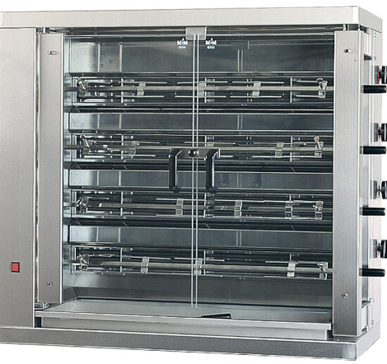 ROTISSOIRE ELECTRIQUE INOX 4 BROCHES EN V 24 POULETS, AVEC ECLAIRAGE INTERIEUR