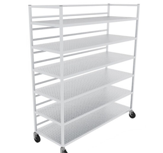 CASIER A BATTERIE 6 NIVEAUX TYPE RESSUAGE 6 PLATEAUX PERFORES, 4 ROULETTES DT 2AF