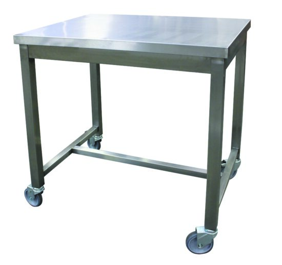 TABLE DE SERVICE INOX 304 SOUDEE, CENTRALE, 4 ROUES DONT 2 A FREINS