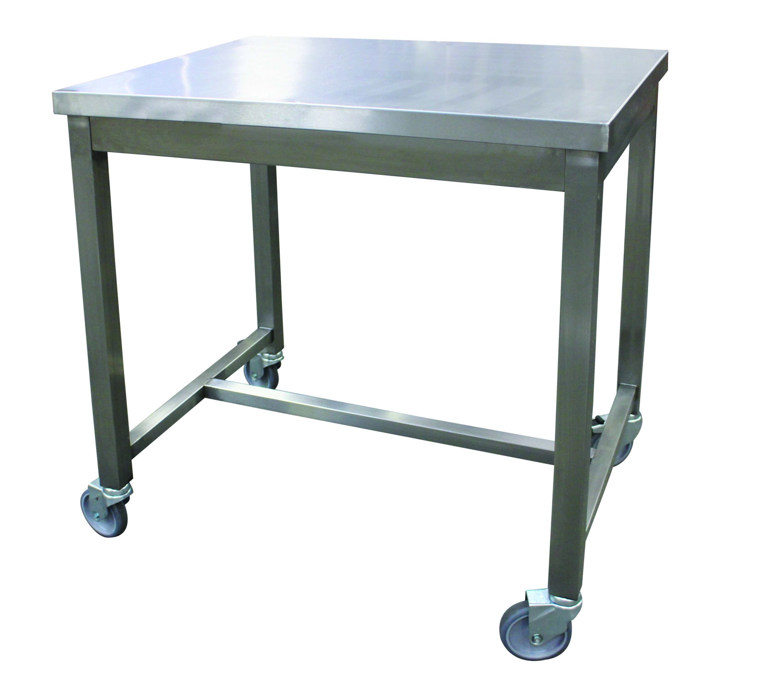 TABLE DE SERVICE INOX 304 SOUDEE, CENTRALE, 4 ROUES DONT 2 A FREINS